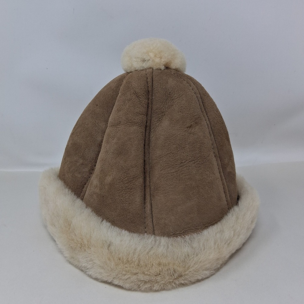 Vintage Shearling Sheepskin Pom Pom Beanie Hat Tan Suede Cream Fur Trim Medium